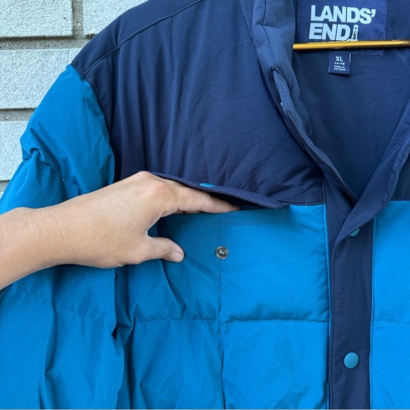 Lands’ End XL Blue Down Feather Puffer Jacket Navy Colorblock Quilted Coat - Picture 4 of 11